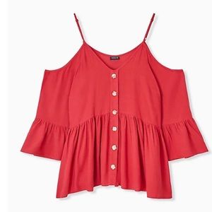 GAUZE BUTTON COLD SHOULDER BELL SLEEVE TOP